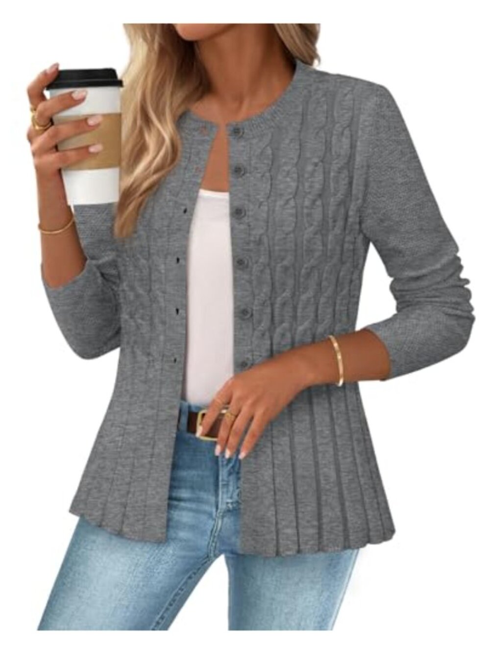 Cable Knit Peplum Cardigan Sweater Button Down Open Front Knit Coat